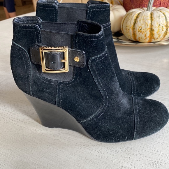 Tory Burch black wedge boots with gold buckle, size 8 1/2. - Picture 7 of 8